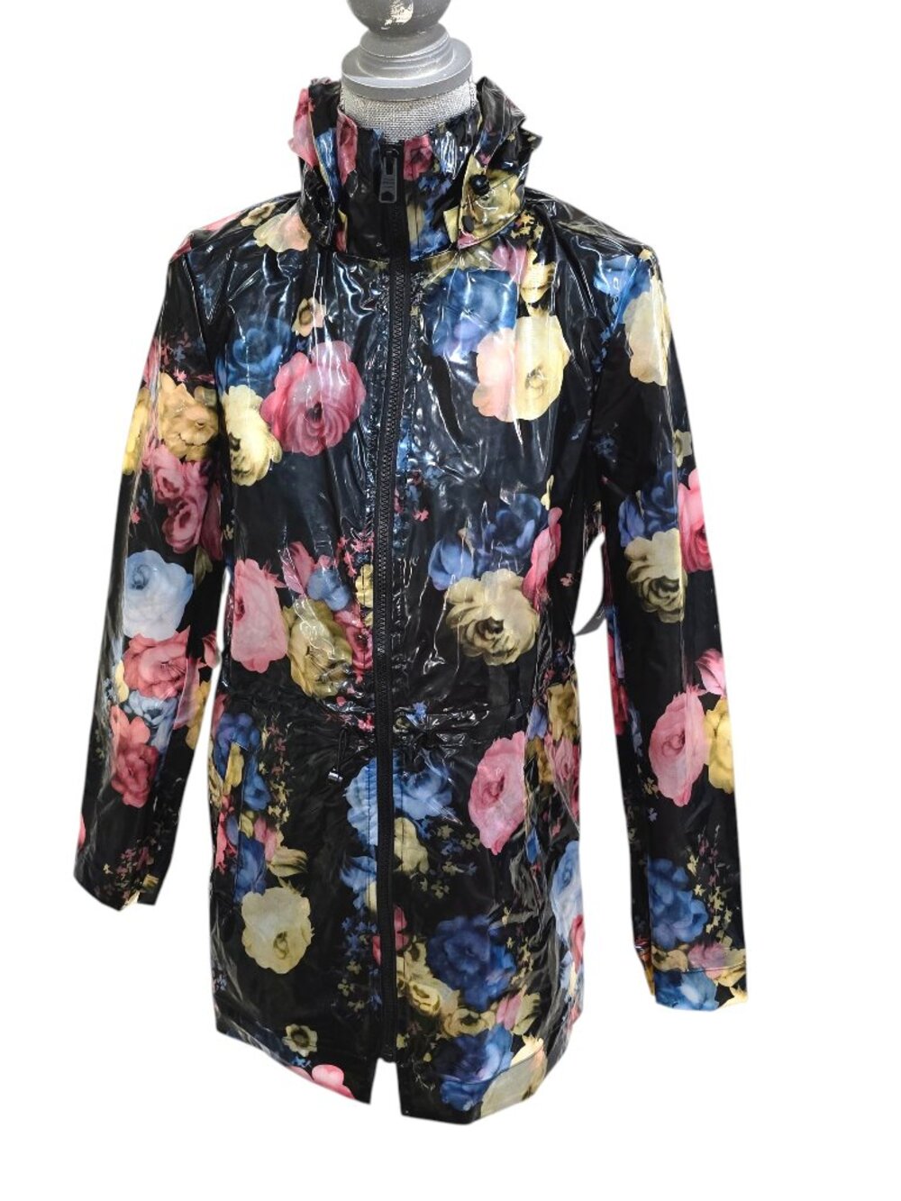 Coffee Shop New York Black Multi Color Floral Rain Jacket Medium NWT